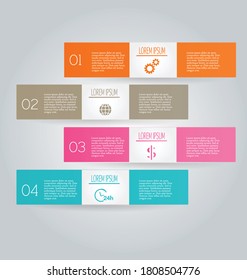 Infographic template. Business chart for marketing plan, data visualization, annual report, web design. Banners with options and steps. Simple vector illustration. Blue, pink, orange, and brown color.