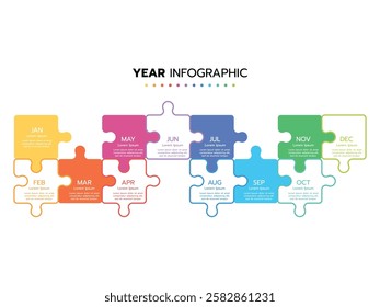 Infographic template for business. Concept with 12 pieces of a puzzle or 12 months, 4 quarter steps vector infographic.