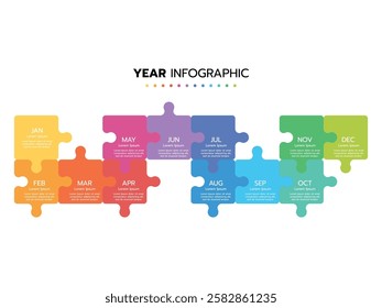 Infographic template for business. Concept with 12 pieces of a puzzle or 12 months, 4 quarter steps vector infographic.