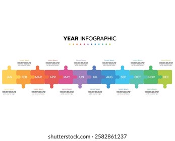 Infographic template for business. Concept with 12 pieces of a puzzle or 12 months, 4 quarter steps vector infographic.