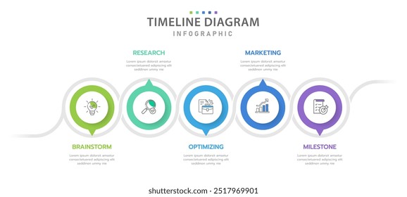 Modelo infográfico para o conceito de negócios. Diagrama moderno da linha do tempo de 5 passos com seta e tópico, layout do projeto da linha do tempo do vetor da apresentação.