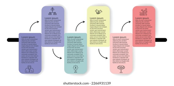 Infographic template business flow information presentation. Vector alternating squares bright color elements. Modern workflow diagrams. Report plan 6 topics with icon.