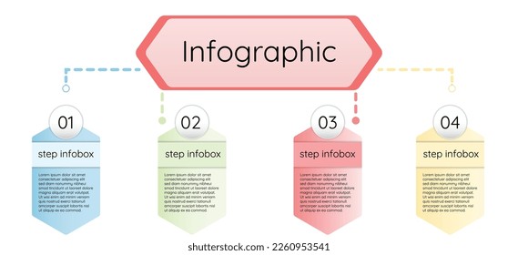 Infographic template for business information presentation. Vector hexagonal and geometric elements. Modern workflow diagrams. Report plan 4 topics