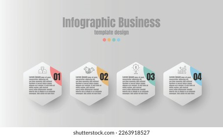 Infografische Vorlage für die Präsentation von Geschäftsinformationen. Vektorhexagonale und geometrische Elemente. Moderne Workflow-Diagramme. Plan 4 - Themen Bericht
