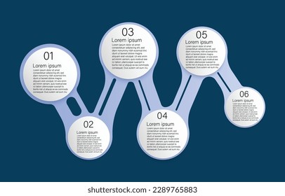 Plantilla de infografía para presentación de información empresarial. Círculos vectoriales y elementos geométricos. Diagramas de paso de flujo de trabajo modernos. Informar sobre los temas del plan 6.