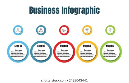 Infografik-Vorlage für die Präsentation von Geschäftsinformationen. Vektorkreis- und Symbolelemente. Moderne Workflowdiagramme. Berichtsplan 5 Themen
