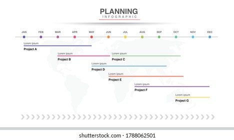 Plantilla de infografía para empresas. Calendario moderno de diagrama de línea de tiempo con gráfico, infografía de vector de presentación. Planificador de año, 12 meses, 1 año de procesos y meta