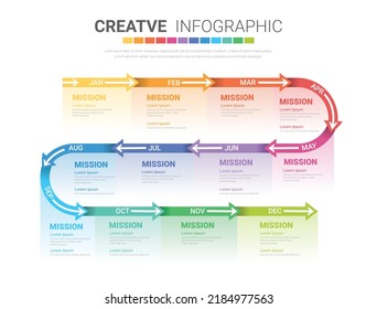 Infographic template for business. modern Timeline for 12 diagram calendar with arrows design, presentation vector.