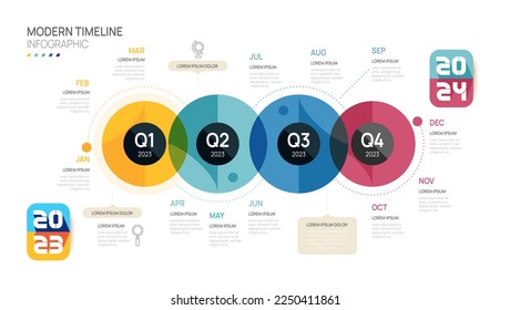 Infografische Vorlage für Unternehmen. Modern Timeline Diagramm Kalender und 4 Viertel Themen, Kann für Vektorgrafiken, Flow-Diagramme, Präsentation, Websites verwendet werden. 