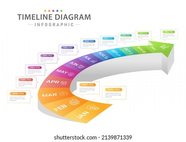 infographic template for business. Monthly Modern Timeline diagram calendar with 3D stair Gantt chart.