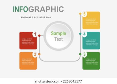 Plantilla de infografía para plan de negocio, estrategia, hoja de ruta. 5 pasos Diagrama moderno de línea de tiempo con gráficos e icono de negocio, infografía de vector de presentación