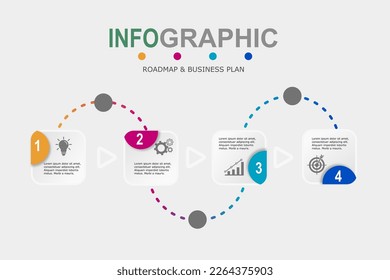 Plantilla de infografía para plan de negocio, estrategia, hoja de ruta. 4 pasos Diagrama moderno de línea de tiempo con gráficos e icono de negocio, infografía de vector de presentación