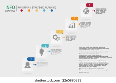 Plantilla de infografía para plan de negocio, estrategia, hoja de ruta. 5 pasos Diagrama moderno de línea de tiempo con gráficos e icono de negocio, infografía de vector de presentación