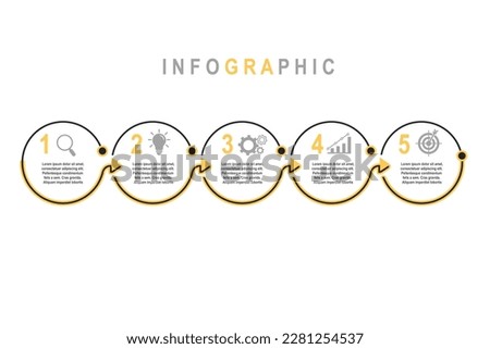 Infographic template for business plan ,strategy, roadmap. 5 Steps Modern Timeline diagram,  creative yellow minimal circle style, presentation vector infographics