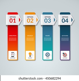 Infographic template. Business process concept with 4 arrows, options, steps, parts, vertical bars. Vector banner with the set of flat icons and design elements. Can be used for graph, chart, scheme