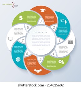 Infographic template for business project or presentation with eight segments. Vector illustration can be used for web design, workflow or graphic layout, diagram, education