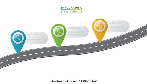 Infographic Template For Business Roadmap Concept With Color Pins Pointers 3 Steps To Success Vector Template.