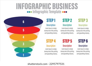 Infographic template for business.6 Steps, 6 Level Modern funnel diagram with percentage, presentation vector infographic.