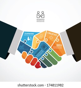 infographic Template with businessman handshake jigsaw banner . concept vector illustration