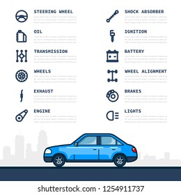 Infographic template with car and car parts icons, service and repair concept. Flat style line art illustration.