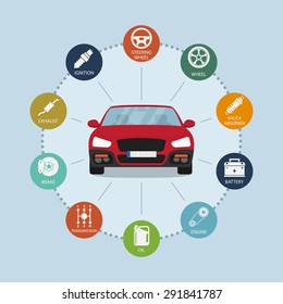 infographic template with car and car parts icons, service and repair concept