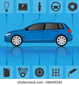 Infographic template with car. Car parts icons. Car Service and repair concept. Mechanic tools.