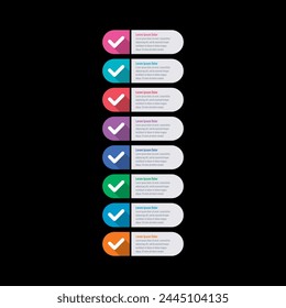 Infografik Vorlage mit Scheckzeichen. Infografik für die Welt der Bildung, Wissenschaft, Wirtschaft, Technologie. Achtstufige Informations-Vorlage. Jahresbericht, Magazin Infografik