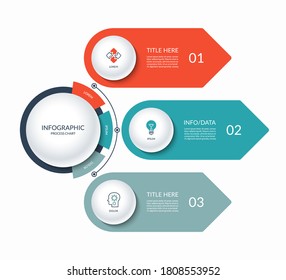 Infographic template with a circle and 3 arrows. Can be used for business presentation, brochure, diagram, chart, web design, data visualization. Vector illustration