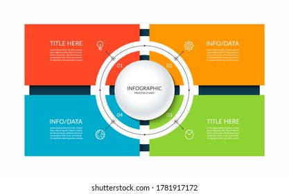 Infographic template with a circle and 4 rectangular parts, elements. Diagram or chart with four options. Can be used for business presentation, brochure, web design, data visualization.