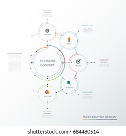 Infographic template, circle design with arrows sign and 5 options or steps. Can be used for business, infograph template, process infographics, diagram chart, flowchart, processes diagram, time line