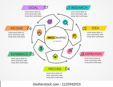 Infographic template with circular arrows. Can be used for cycling diagram, graph, presentation and round chart. Business concept with 7 options, parts, steps or processes.