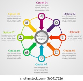 Infographic template. Colorful circle with icons and arrows