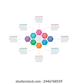 infographic template with colorful hexagons and science symbols. eight options briefing template. Infographic template for the world of science, healthcare, business, technology, education