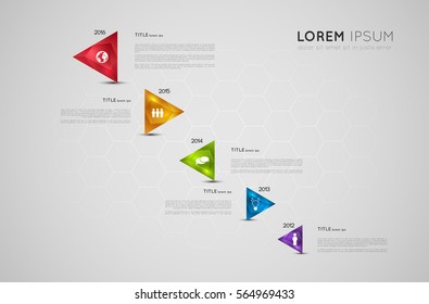 infographic template with colorful triangle crystal polygon pointers and icons, timeline template