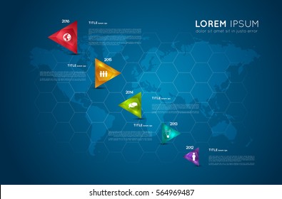 infographic template with colorful triangle crystal polygon pointers and icons, timeline template