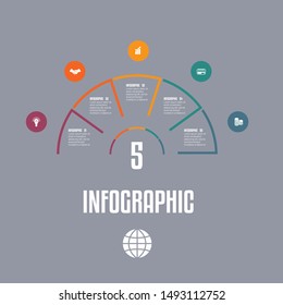 Infographic Template from colourful lines Semicircle with text areas five 5 positions.