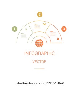 Infographic Template Colourful Pie Chart Semicircle with text areas on 3 positions. White Background. Set of business icons. Business Strategy.