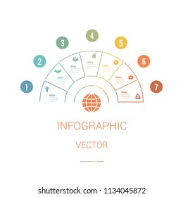 Infographic Template Colourful Pie Chart Semicircle with text areas on 7 positions. White Background. Set of business icons. Business Strategy.