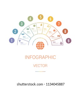  Infographic Template Colourful Pie Chart Semicircle with text areas on 9 positions. White Background. Set of business icons. Business Strategy.
