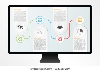 Infographic template with Computer display mockup. Business infographics timeline with 4 steps, options or processes. Modern infographic design template. Vector illustration.