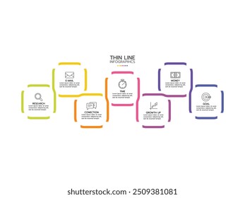 Modelo infográfico. Concept 7 etapas ou opções com ícones de marketing.