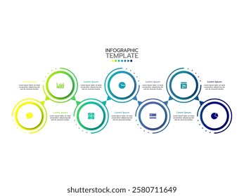 Infographic template. The concept of a 7-step process for strategic growth with circles or options and marketing icons.