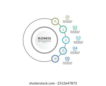 Infographic template. Concept circular diagram with 5 options. Round chart that can be used for business analytics, data visualization and presentation. Vector illustration.