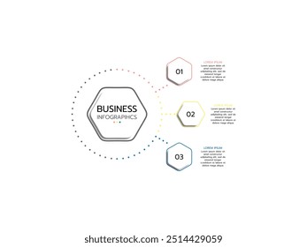 Modelo infográfico. Diagrama circular conceitual com 3 opções. Gráfico redondo que pode ser usado para análise comercial, visualização de dados e apresentação. Ilustração vetorial.