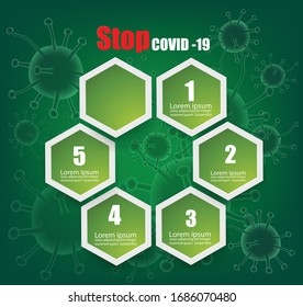 Infografik-Vorlage das Konzept STOP corona Viren auf grünem Hintergrund.Papierhandwerk und Illustration