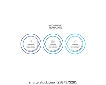 Infographic template. Concept with three colorful circular elements placed in horizontal row and connected by arrows.