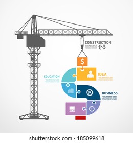 infographic Template with construction tower crane jigsaw banner . concept vector illustration