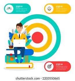 Infographic template. Dartboard with 3 steps and books. Vector illustration
