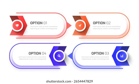 Infografía Diseño de Plantilla con 4 opciones e iconos. Puede ser utilizado para el diagrama de proceso, presentaciones, diseño de flujo de trabajo, Anuncio, diagrama de flujo