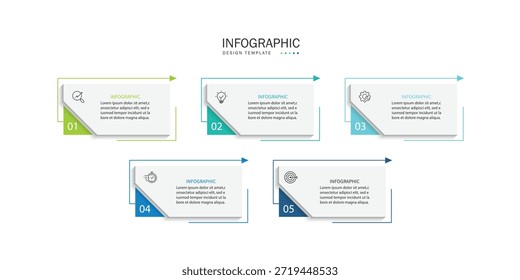 Diseño de Plantilla infográfica. Viaje de la línea de tiempo de 5 pasos. Diagrama de proceso, 5 opciones sobre un fondo blanco, elementos de infografía, negocios, educación, tecnología, Ilustración vectorial moderna.